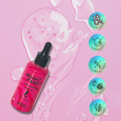 Pink bottle of Manic Panic liberating bath and body oil on a pink background with brand icons.