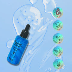 Blue bottle with dropper on a blue background with product features highlighted