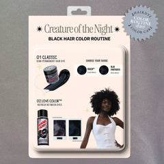 Retro product-card graphic showing Raven™ semi-permanent hair dye paired with Black Kat® Love Color conditioner, with a model displaying deep black hair.