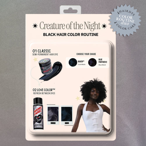 Retro product-card graphic showing Raven™ semi-permanent hair dye paired with Black Kat® Love Color conditioner, with a model displaying deep black hair.
