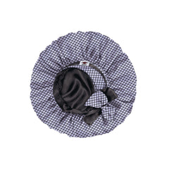 Black and lilac grey fishnet bonnet with a bow on a white background