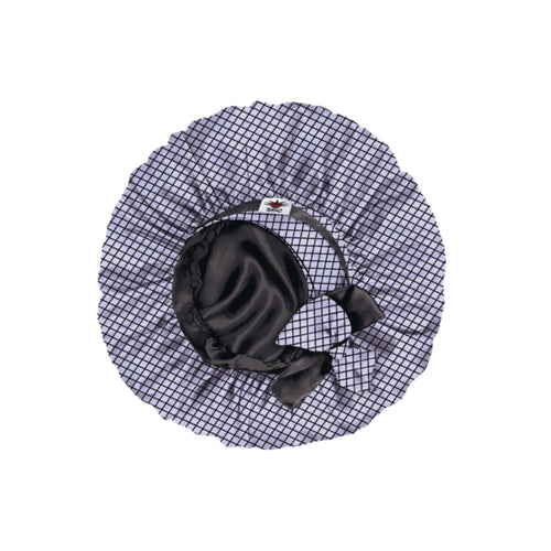 Black and lilac grey fishnet bonnet with a bow on a white background