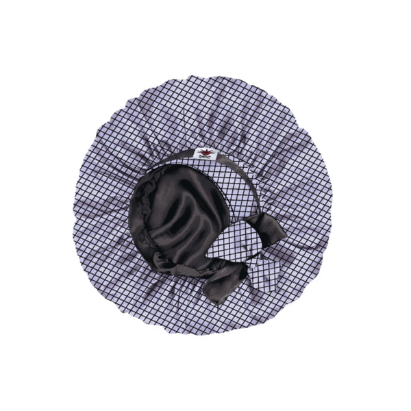 Black and lilac grey fishnet bonnet with a bow on a white background