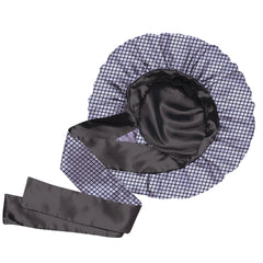 satin bonnet with black fishnet pattern, black lining matching headband on a white background