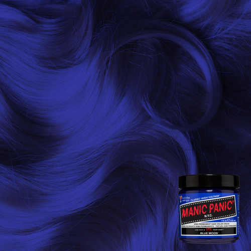 Close-up of a wavy, vibrant blue hair swatch showcasing Manic Panic Blue Moon semi-permanent hair dye jar in bottom right corner 