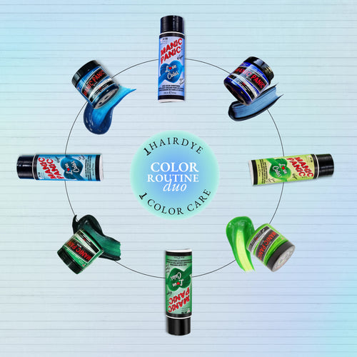 blue, teal and green Manic Panic® semi-permanent hair dye jars with Love Color™ color-depositing conditioners arranged in a circle.