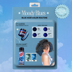 Retro product-card graphic showing T Moody Blues Blue Hair Color Routine in its retail packaging, featuring a light blue card with product illustrations, shade options, and a model photo on a blue sky background.