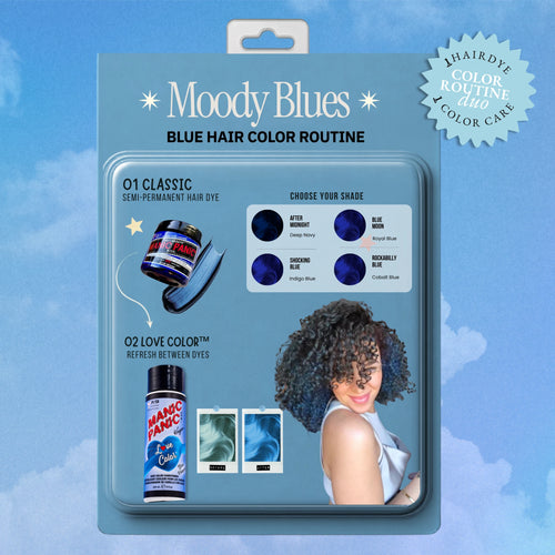 Retro product-card graphic showing T Moody Blues Blue Hair Color Routine in its retail packaging, featuring a light blue card with product illustrations, shade options, and a model photo on a blue sky background.