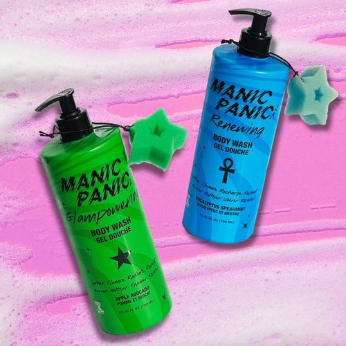 Two bottles of Manic Panic body wash on a colorful background