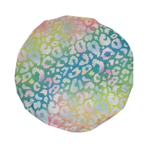 Top view of Bright Pastel Leopard waterproof shower cap with pastel leopard printed exterior
