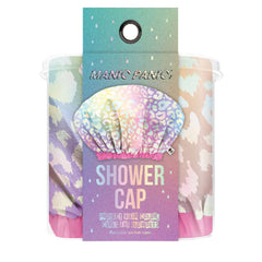 Bright Pastel Leopard waterproof shower cap packaging with colorful leopard print design