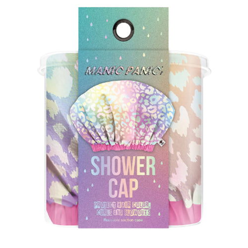 Bright Pastel Leopard waterproof shower cap packaging with colorful leopard print design