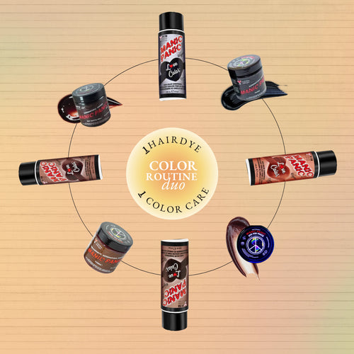 Brown, copper, black and berry Manic Panic® semi-permanent hair dye jars with Love Color™ color-depositing conditioners arranged in a circle. 