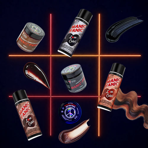 Bottles of Love Color color conditoner with hair dye arranged around a glowing orange grid on a dark background, with glossy hair swatches in black, brown, and copper tones around them.