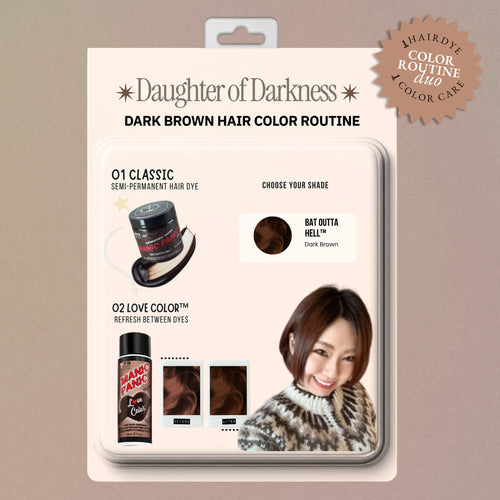 Retro product-card graphic showing Bat Outta Hell™ semi-permanent hair dye paired with Burmese Brown™ Love Color conditioner, with a model displaying dark brown hair.