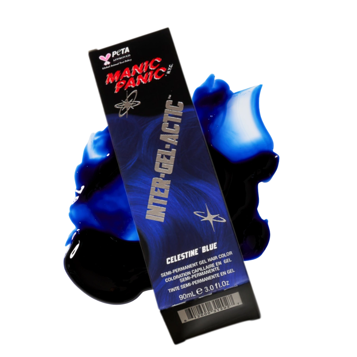 Manic Panic Inter-Gel+ Acitve semi-permanent gel in the shade Celestine Blue, shown in its black packaging with a blue gel smear behind it on a white background.