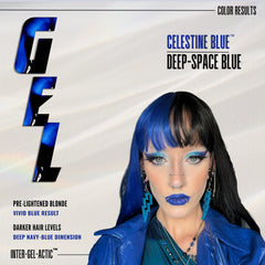 Color results graphic for GEL hair dye showing a model with vivid blue hair and bold makeup, alongside text reading 'CELESTINE BLUE' and 'DEEP-SPACE BLUE' on a light background.
