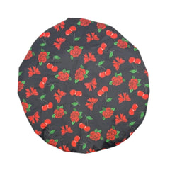 Top view of Manic Panic waterproof shower cap with red cherry and bow printed background