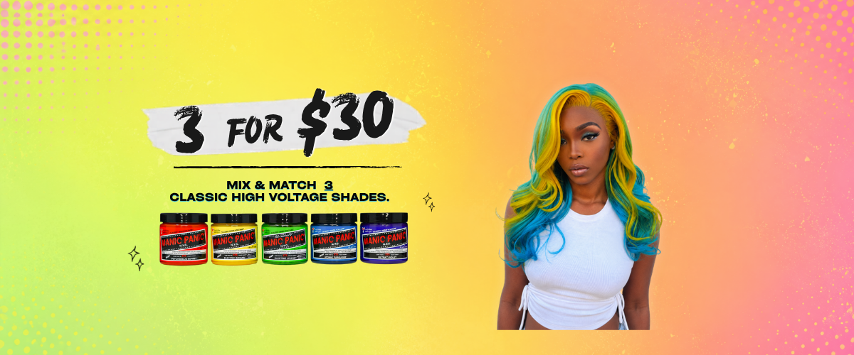 Promotional banner for hair color products with a woman and product display on a gradient background.