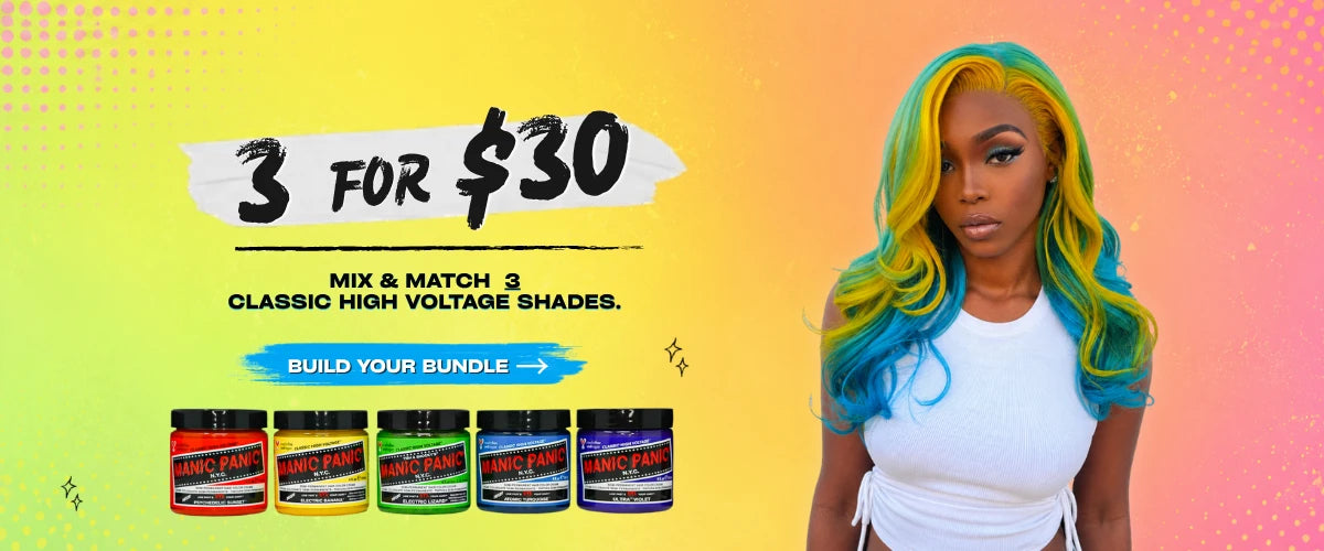 Promotional image with a woman with colorful hair and hair product packaging on a gradient background.