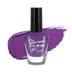 Manic Panic Claw Colors Purple Haze glossy violet-purple nail polish bottle with paint stroke background