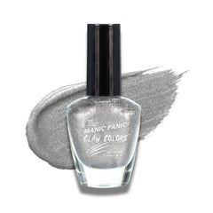 Manic Panic Claw Colors Queen Bitch glossy metallic silver foil nail polish bottle with paint stroke background
