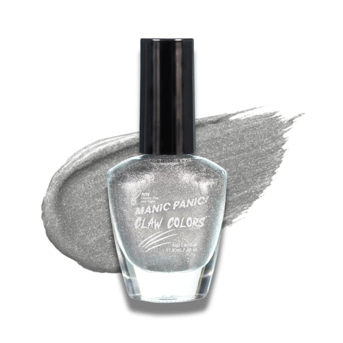 Manic Panic Claw Colors Queen Bitch glossy metallic silver foil nail polish bottle with paint stroke background