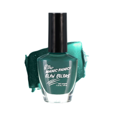 Manic Panic Claw Colors Venus Envy glossy hunter green nail polish bottle with paint stroke background