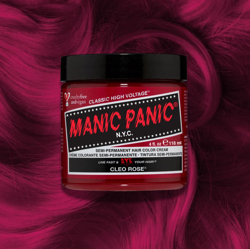 Manic Panic Cleo Rose Classic High Voltage semi-permanent hair dye jar in bright pink with matching color swatch
