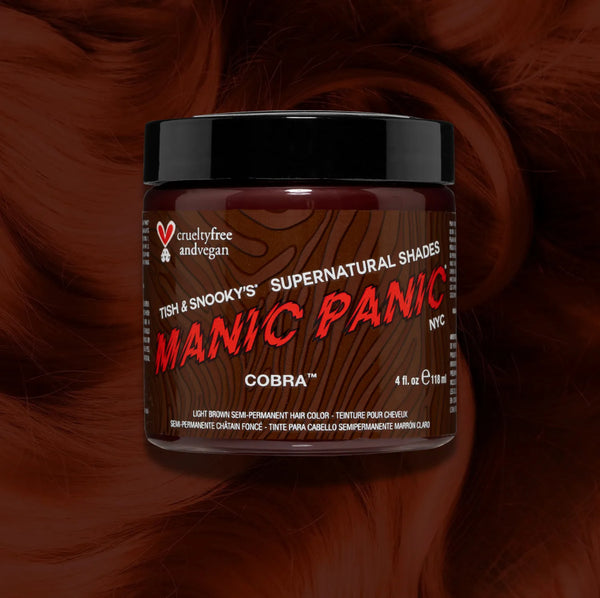 Manic Panic Classic High Voltage semi-permanent hair dye in shade Cobra a vibrant, vegan hair color. Image shows a jar of Cobra hair dye placed on top of a wavy cobra hair swatch.
