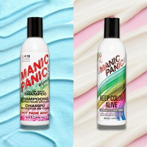 Manic Panic hair care bundle with Not Fade Away color safe shampoo and Keep Color Alive color safe conditioner bottles for dyed and vivid color-treated hair