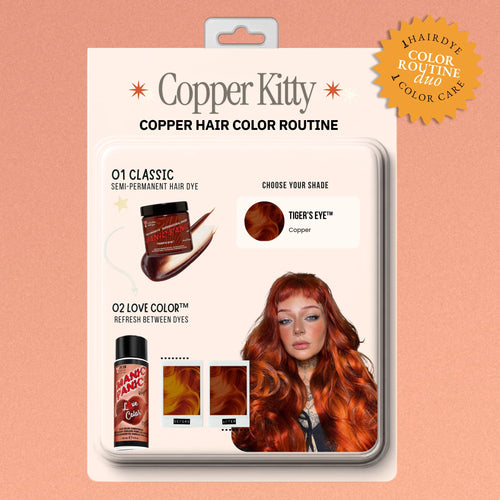 Retro product-card graphic showing Tiger’s Eye™ semi-permanent hair dye paired with Copper Kitty™ Love Color conditioner, with a model displaying copper hair.