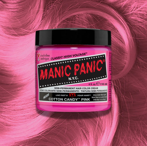 Manic Panic Cotton Candy Pink Classic High Voltage semi-permanent hair dye jar in soft pastel pink with matching color swatch
