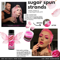 communication tile showing cotton candy pink hair color tips, tricks, and trends. "Cotton Candy Pink hair trend with soft, pastel pink shades for a playful, eye-catching look. Perfect for DIY pastel hair color enthusiasts and those seeking creative, trendy hairstyles.