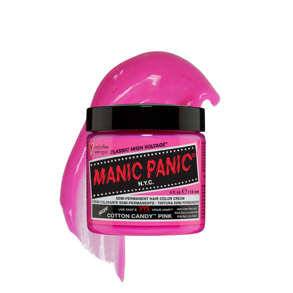 Manic Panic Cotton Candy Pink semi-permanent hair dye jar with a soft, pastel pink color swiped in liquid texture, showcasing the vibrant shade and iconic packaging