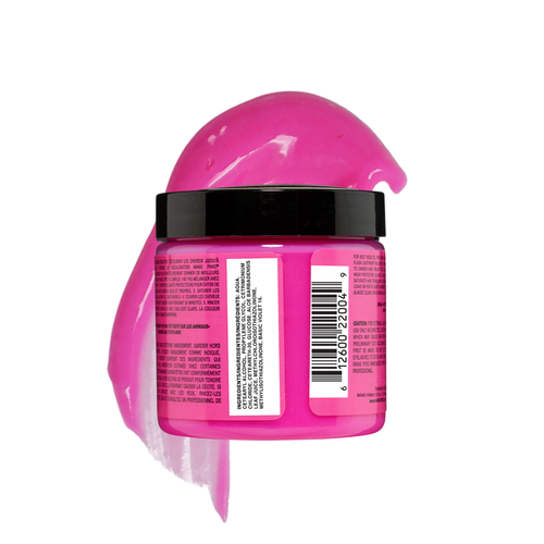 Back of the Manic Panic Cotton Candy Pink jar on a liquid texture swipe, highlighting the product's ingredients, vegan formula, and application instructions.