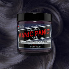 Manic Panic Dark Star Classic High Voltage semi-permanent hair dye jar in smoky violet with matching color swatch
