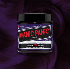 Manic Panic Deadly Night Shade Classic High Voltage semi-permanent hair dye jar in midnight purple with matching color swatch
