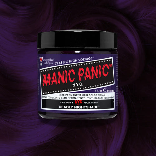 Manic Panic Deadly Night Shade Classic High Voltage semi-permanent hair dye jar in midnight purple with matching color swatch
