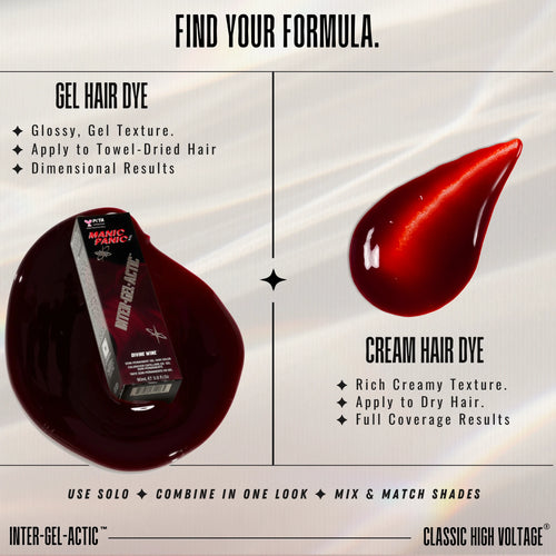Promotional graphic for Magic Panic Inter-Gel-Actic hair dye showing gel hair dye in a dark red pool with the product box, and cream hair dye in a glossy red smear, with text explaining application differences.