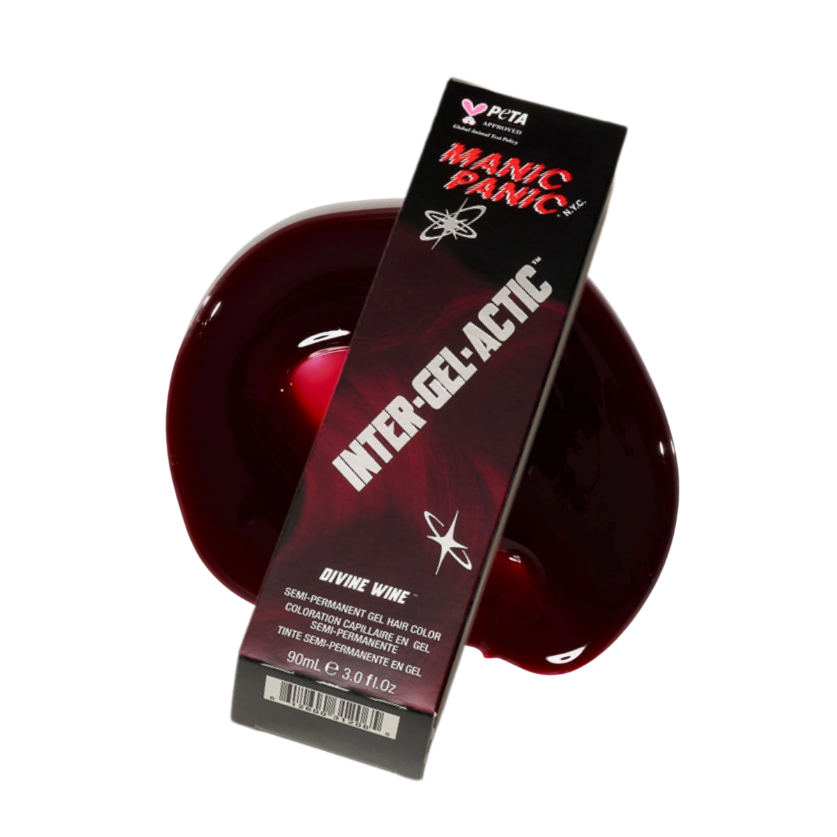 A box of PTA Manic Panic! Inter-Gel-Actic gel hair color in 'Divine Wine' is shown standing upright in front of a glossy, deep wine-red gel swatch on a white background.