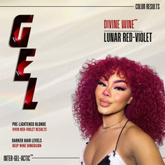 Color results graphic for Divine Wine Lunar Red-Violet gel hair dye, showing a model with bright magenta-red curly hair on a light beige background with product text and branding.