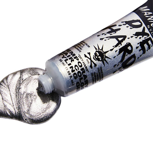 Tube of Manic Panic Dye Hard Temporary Hair Color Gel in Stiletto Silver Metallic with smooth silver gel squeezed out