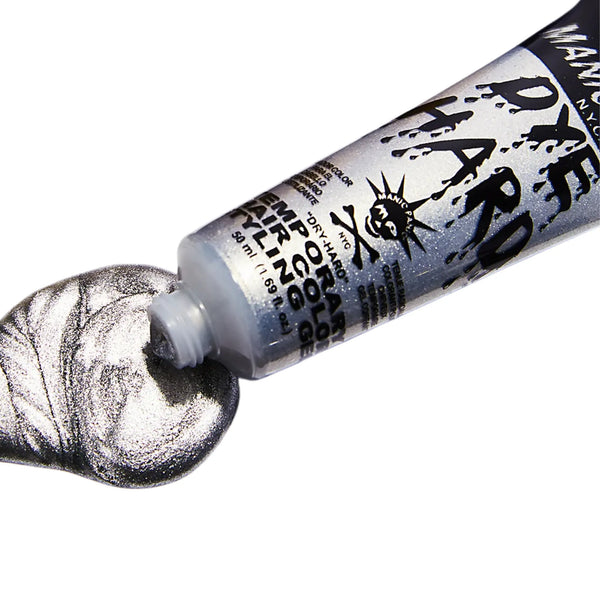 Tube of Manic Panic Dye Hard Temporary Hair Color Gel in Stiletto Silver Metallic with smooth silver gel squeezed out