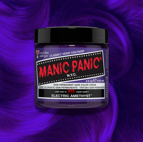 Manic Panic Electric Amethyst Classic High Voltage semi-permanent hair dye jar in bright electric purple with matching color swatch