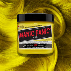 Manic Panic Electric Banana Classic High Voltage semi-permanent hair dye jar in neon yellow with matching color swatch
