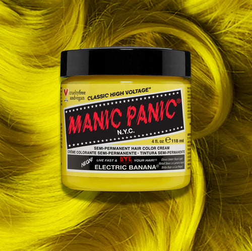 Manic Panic Electric Banana Classic High Voltage semi-permanent hair dye jar in neon yellow with matching color swatch
