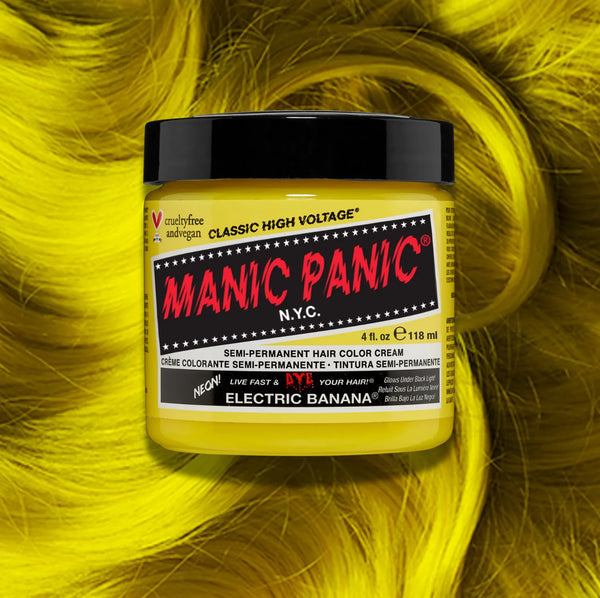 Manic Panic Classic High Voltage semi-permanent hair dye in shade Electric Banana a vibrant, vegan hair color. Image shows a jar of Electric Banana hair dye placed on top of a wavy neon yellow hair swatch.
