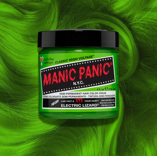 Manic Panic Electric Lizard Classic High Voltage semi-permanent hair dye jar in neon green with matching color swatch
