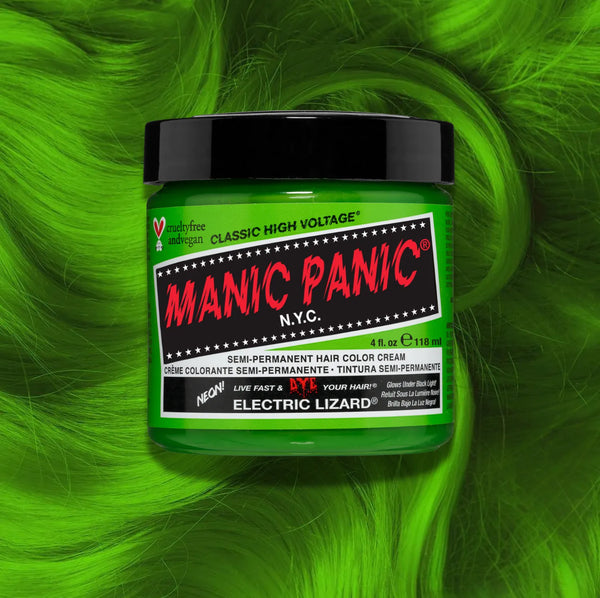 Manic Panic Classic High Voltage semi-permanent hair dye in shade Electric Lizard a vibrant, vegan hair color. Image shows a jar of Electric Lizard hair dye placed on top of a wavy neon green hair swatch.
